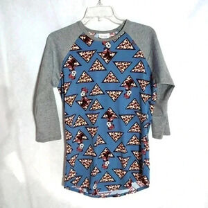LuLaRoe Unisex S Gray/Blue Randy Minnie Mouse Geometric Raglan T-Shirt ¾ Sleeves
